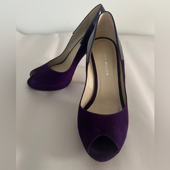 Karen Millen Purple Plum Suede Patent Leather Peep Toe Pumps Heels Chic 37/6.5 - Picture 1 of 12